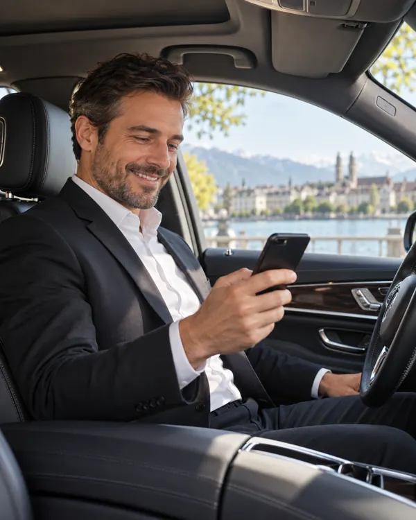 Freundlicher Fahrer nutzt sein Smartphone im geparkten Fahrzeug