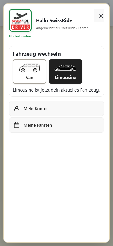Vorschau der SWISSRIDE Driver-App